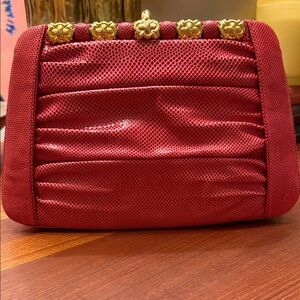 Vintage Judith Leiber Chic Coral Lizard Clutch with Gold Accents